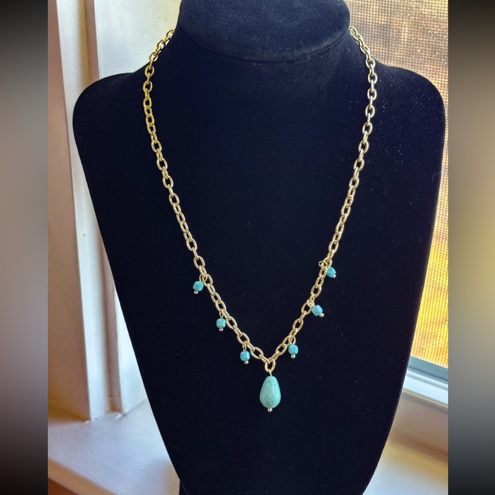 Gold Plated Turquoise Necklace Boho Coastal Western Chunky Chain Genuine Stone
